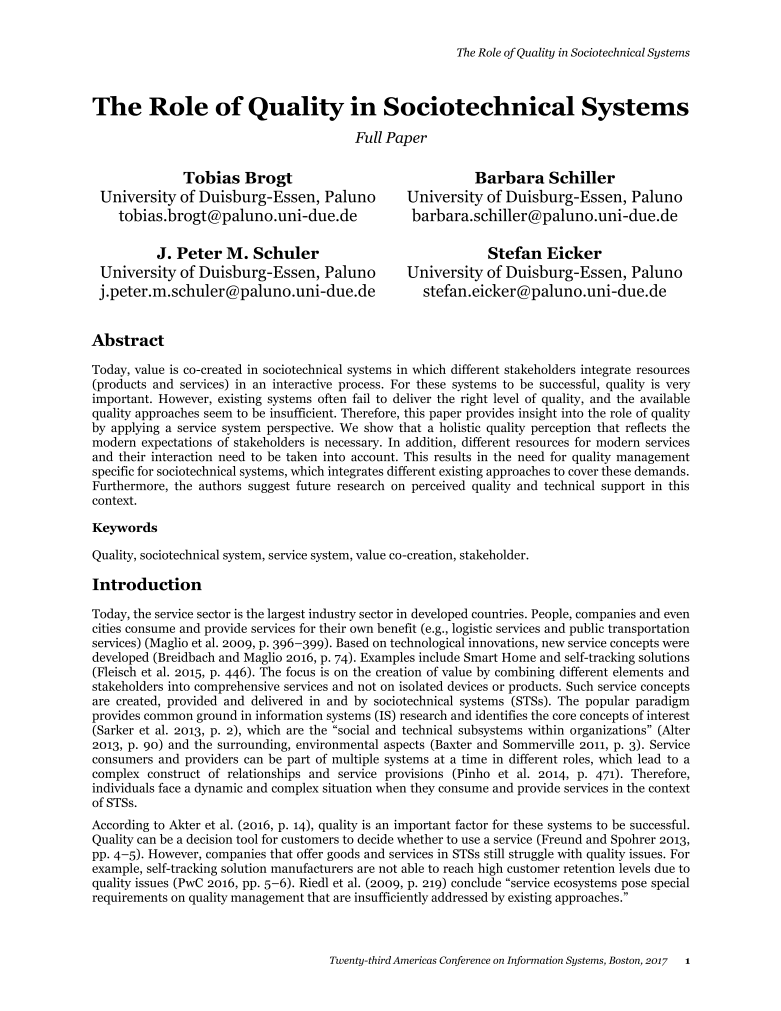 The Role of Quality in Sociotechnical Systems